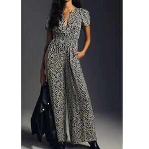Anthropologie Plus Size Somerset Jumpsuit Silky Black and White Motif, 3XL